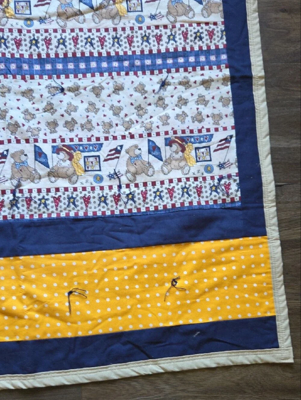 Handmade Navy & Yellow Baby Patchwork Quilt Blanket Polka Dot And Teddy Bear